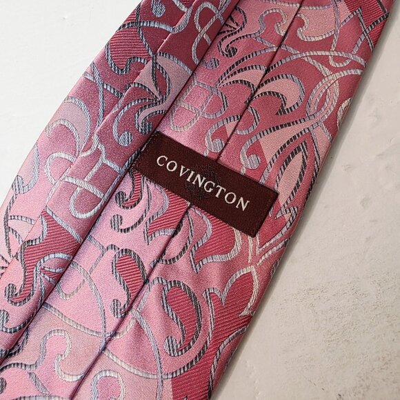 Covington Men’s Jacquard Paisley Grey Pink Silk Tie 60" x 3.5" Necktie - Picture 5 of 5